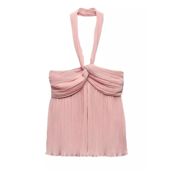 Zara Ballet Pink Pleated Halter Top Flowy Fairy Whimsical Size XS Women's - Picture 1 of 5